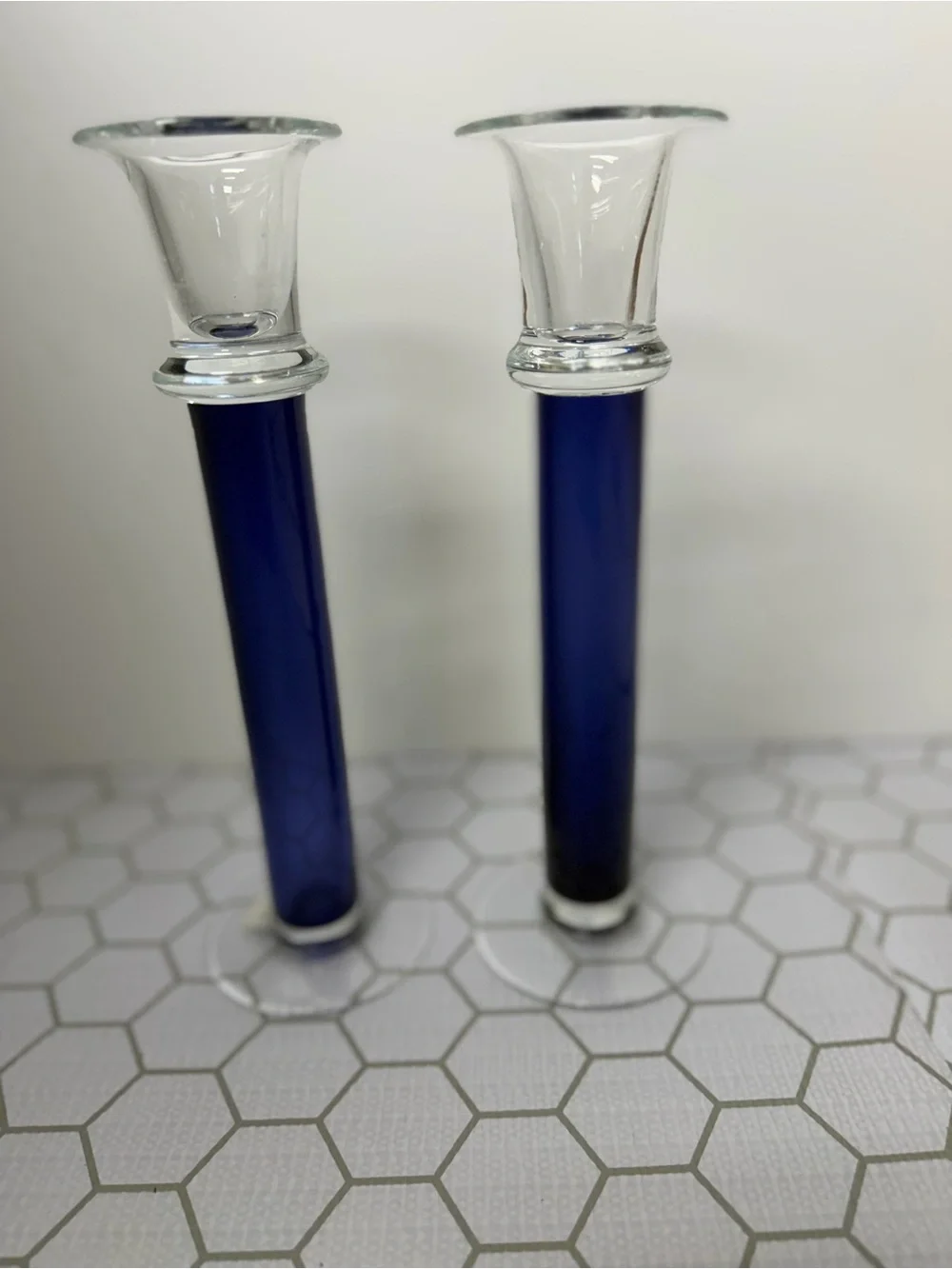 Elegant Blue Glass Taper Candle Holders - Pair